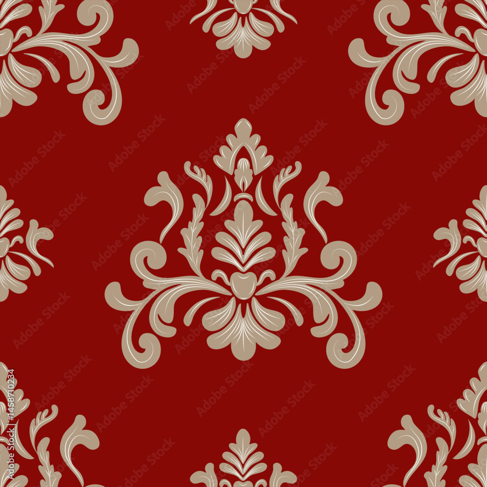 Damask seamless pattern with light brown floral ornament and dark red background, vintage and luxury design, vector illustration elegant for textile, wall paper, bedding, curtain, rug, cushion cover Damask seamless pattern with light brown floral ornament and dark red background, vintage and luxury design, vector illustration elegant for textile, wall paper, bedding, curtain, rug, cushion cover