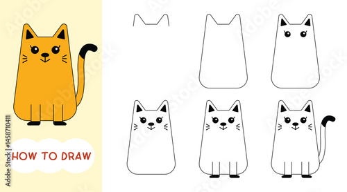 How to draw orange cat cartoon step by step for learning, drawing, education, kids and coloring book