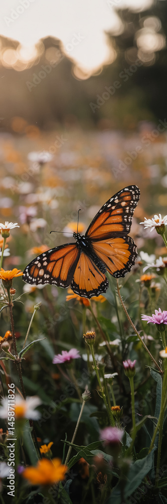 Obraz premium Monarch Butterfly in a Vibrant Wildflower Meadow at Sunset