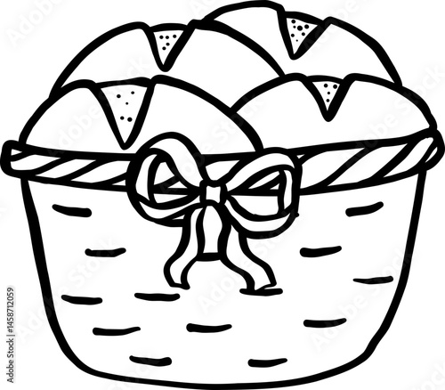 Hand Drawn Basket of Bread Rolls Doodle Outline Farmer Market