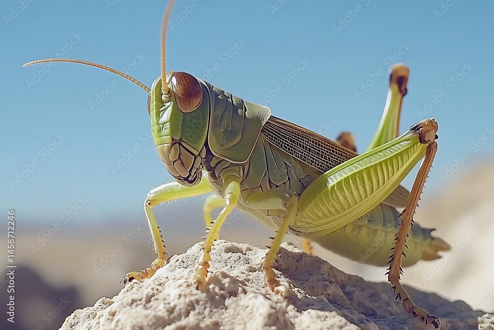 Fototapeta premium A close-up shows a green grasshopper perched atop a rock, against a blurred desert and clear blue sky