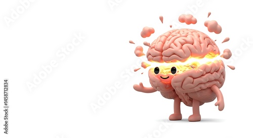 3d cute cartoon illustration, concept art of a human brain exploding with knowledge and creativity, subject on the right with copy space on the left, under white brilliance