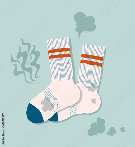 Pair of smelly socks. Dirty stinky sock, sweaty used clothes with bad smell. Cartoon vector illustration.