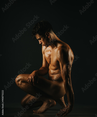 A beautifully composed artistic photograph featuring a nude male figure, with interplay of shadows and highlights, generating a dramatic and contemplative atmosphere. Perfect for themes of elegance
