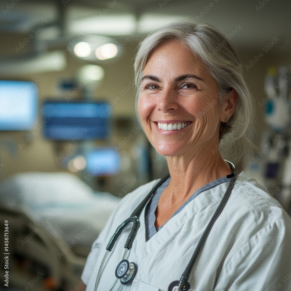 Fototapeta premium Mature doctor woman smiling to camera at the Hospital.