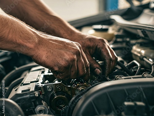 Macro shot of a mechanic’s grease-stained hands repairing a car engine