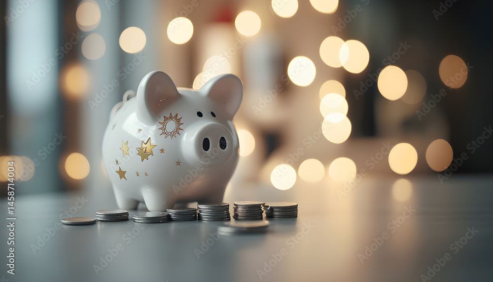 Piggy bank with euro banknotes and coins on grey table against blurred lights, space for text