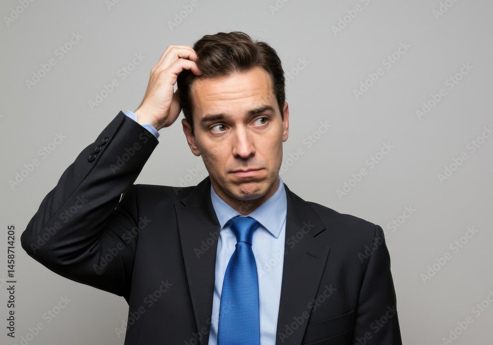 A man in a suit scratching his head with a confused expression on a plain background in a studio shot A man in a suit scratching his head with a confused expression on a plain background in a studio shot