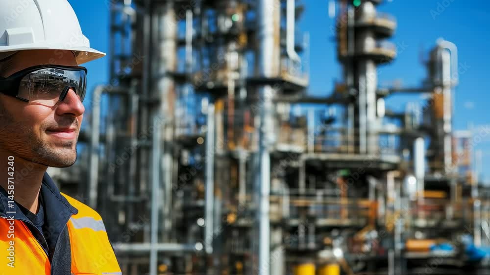 Confident oil refinery worker in protective gear observing operations. Industrial machinery and infrastructure in the background, highlighting energy production Confident oil refinery worker in protective gear observing operations. Industrial machinery and infrastructure in the background, highlighting energy production