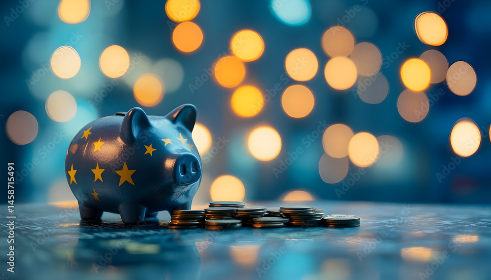 Piggy bank with euro banknotes and coins on grey table against blurred lights, space for text