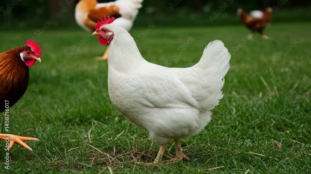 White hen in green grass - A single white hen with a red comb stands in a lush green grassy field. The hen is in profile view, facing to the left of the frame. White hen in green grass - A single white hen with a red comb stands in a lush green grassy field. The hen is in profile view, facing to the left of the frame.