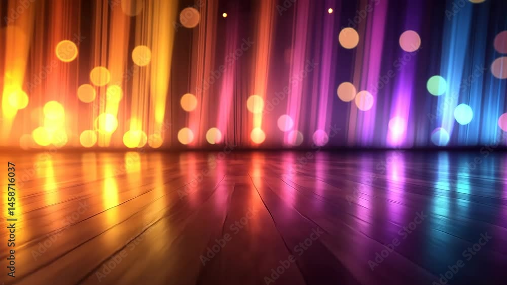 Vibrant colorful light streaks and bokeh on a glossy wooden floor, creating a dazzling, reflective scene Vibrant colorful light streaks and bokeh on a glossy wooden floor, creating a dazzling, reflective scene