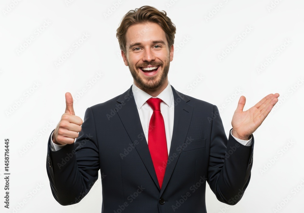 Man in suit with red tie smiles and gestures with thumbs up and open hand on white background Man in suit with red tie smiles and gestures with thumbs up and open hand on white background