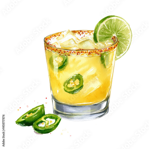 Spicy Margarita bursting with zesty tequila heat. Watercolor illustration on transparent background.