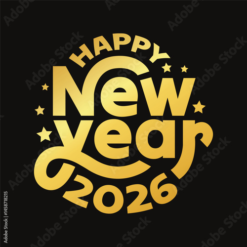 Happy New year 2026 golden color typography logo vector illustration. Luxury new year 2025 editable text for poster, banner, greeting card, flier. Celebrating new year logotype, sticker, label, tag.