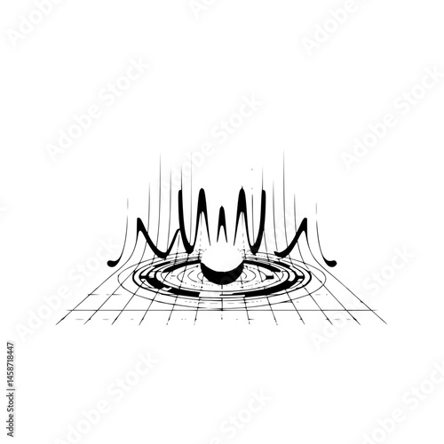 Abstract Illustration: Gravitational Field, Sphere, Waveform, Data Visualization, Monochrome