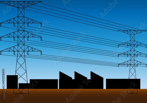 Polígono industrial con tendido eléctrico y silueta del polígono al fondo