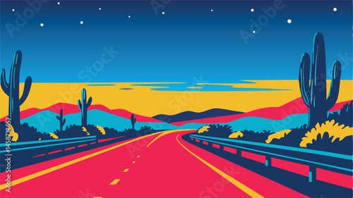 A vibrant desert road landscape featuring cacti, mountains, and a starry night sky