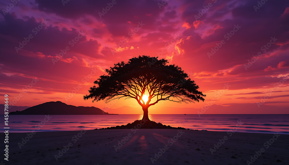 Obraz premium Solitary Tree Sunset at Beach
