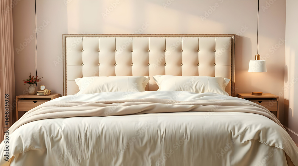 Fototapeta premium A comfortable bed with pillows and a lamp enhances the luxury interior of a hotel room, offering a restful sleep