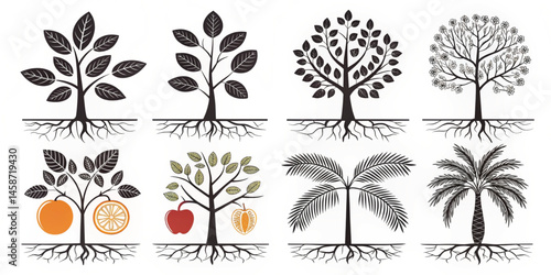 Trees Line Icon Set – Thin Linear Vector Illustrations of Roots, Branches, Leaves, Fruits, and Silhouettes 