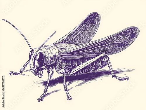 An intricate ink-style illustration of a grasshopper, showcasing its detailed anatomy and textured wings