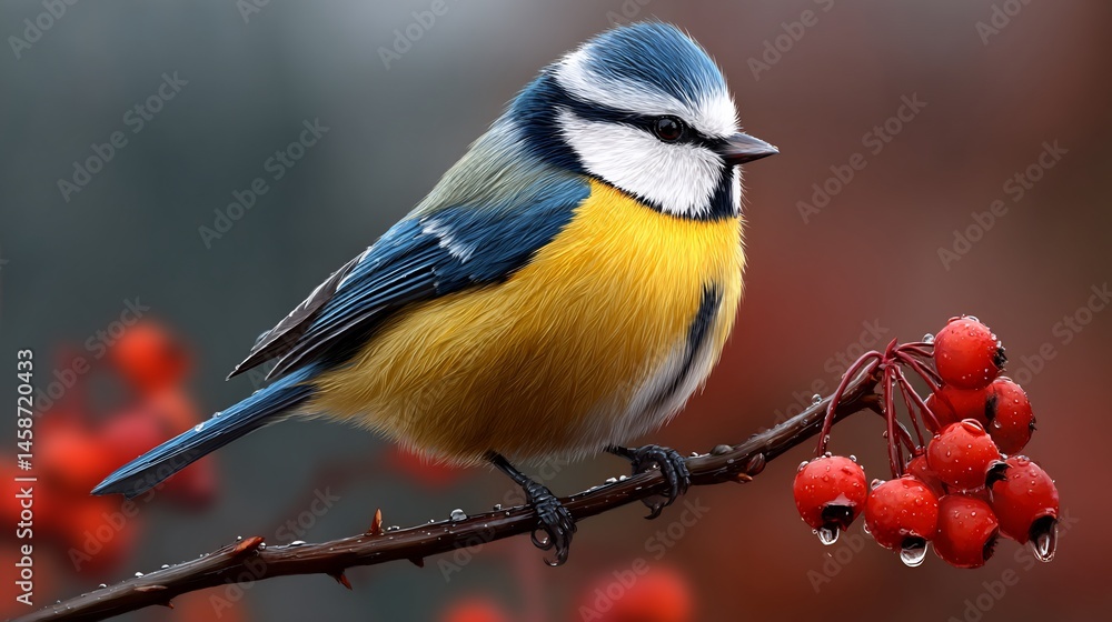 Fototapeta premium Vibrant bird perched on branch with berries