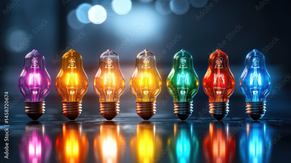 Colorful light bulbs in row create vibrant and creative atmosphere, reflecting on glossy surface. variety of colors symbolizes innovation and inspiration Colorful light bulbs in row create vibrant and creative atmosphere, reflecting on glossy surface. variety of colors symbolizes innovation and inspiration