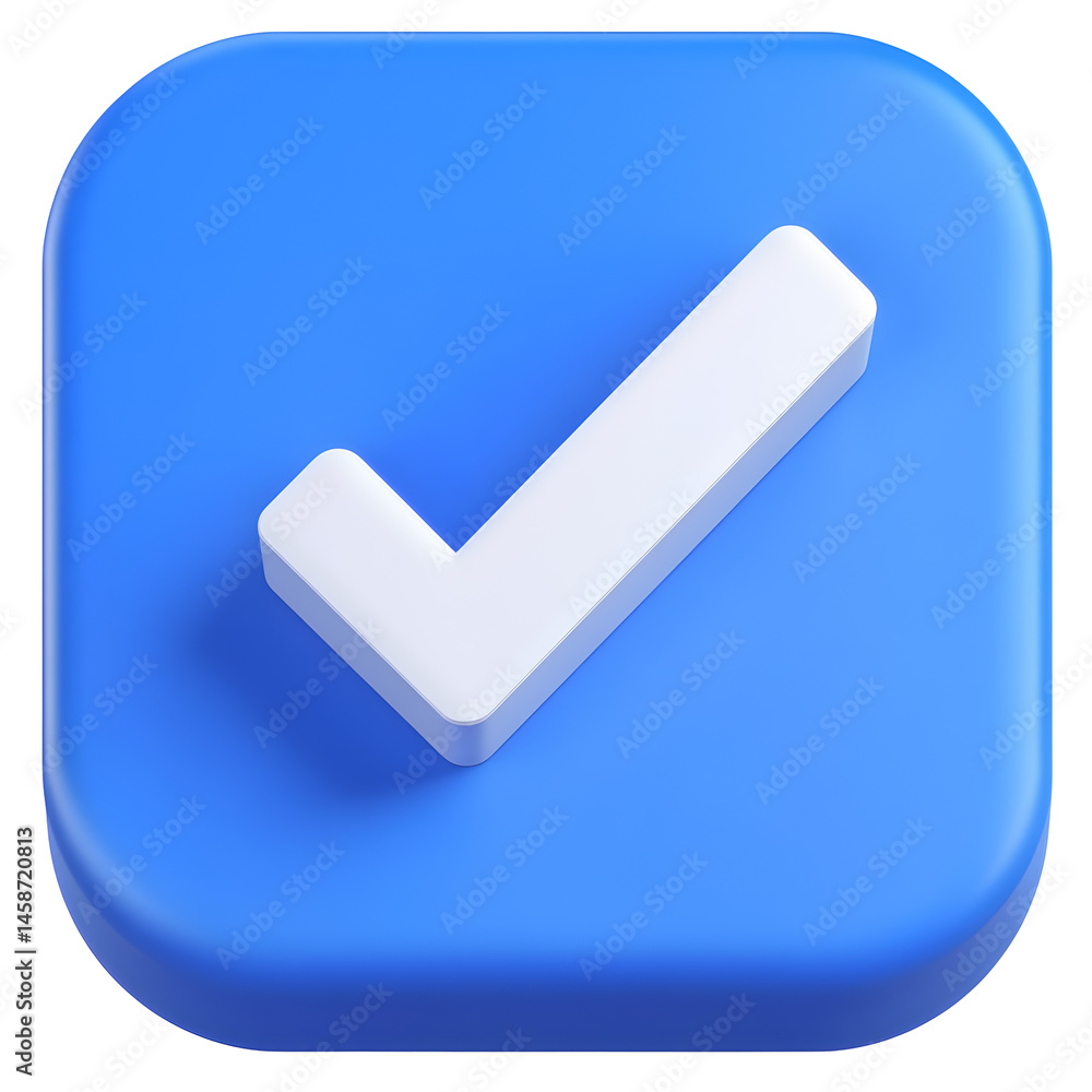 Blue square 3D checkmark icon for mobile app UI, task completion, and digital approval Blue square 3D checkmark icon for mobile app UI, task completion, and digital approval
