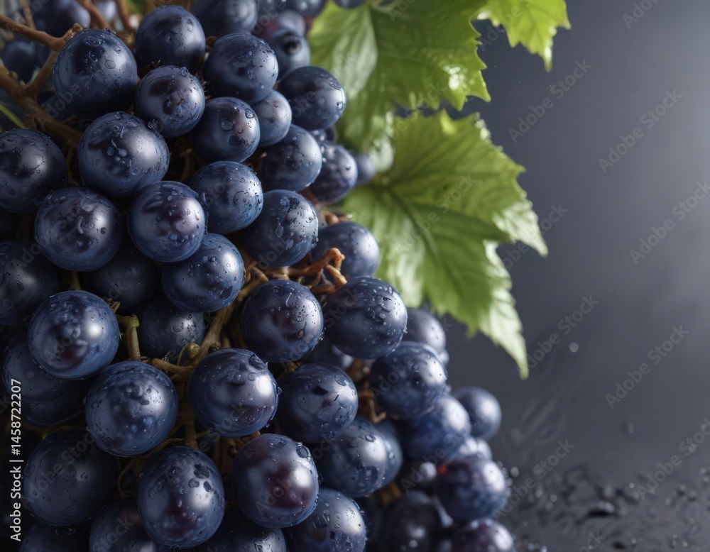 Fototapeta premium Luscious blue grapes, glistening wet, isolated , image, fruit, nature