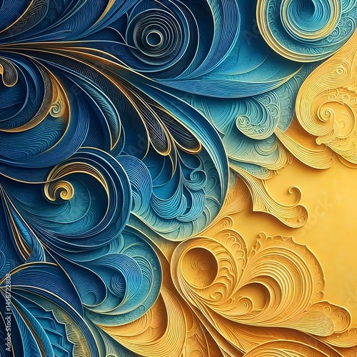 Elegant abstract mandala design in deep blue and rich gold tones, featuring intricate layered patterns and textures. Ideal for luxury backgrounds, digital wallpapers, and decorative art.