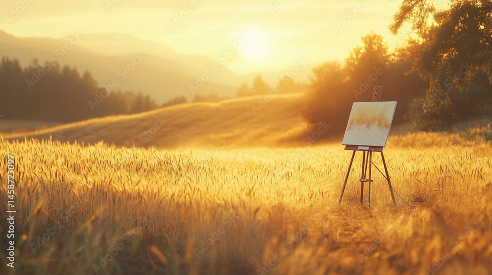 A peaceful countryside scene with a golden field of wheat, during sunset. A lone easel is set up in the middle of the field, with paintbrushes scattered on the ground around it