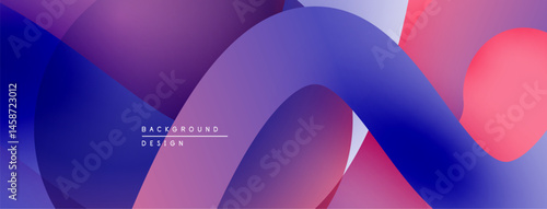 Abstract fluid shapes overlap, creating vibrant purple, blue, pink gradients. Modern design evokes movement, depth.