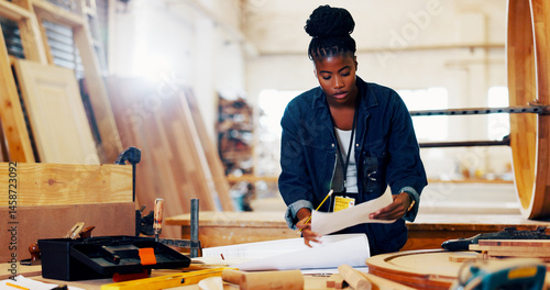 Принти на полотні Carpentry, industry and plans with black woman in workshop for manufacturing or production process