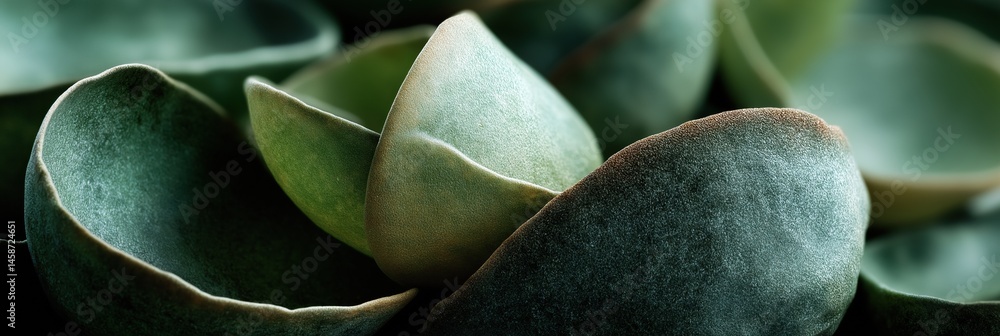A close up of a bunch of green leaves with a few small bowls in the middle. The bowls are green and have a rough texture. Scene is calm and peaceful, as the leaves