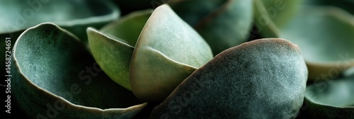 Obraz na płótnie A close up of a bunch of green leaves with a few small bowls in the middle. The bowls are green and have a rough texture. Scene is calm and peaceful, as the leaves w salonie