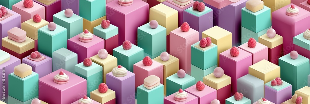 A colorful image of cakes and raspberries. The cakes are in different colors and sizes, and the raspberries are scattered throughout the image. Scene is cheerful and festive