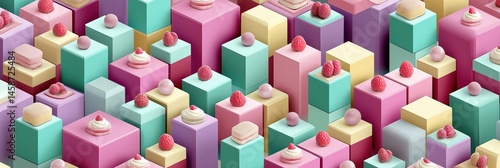 Obraz na płótnie A colorful image of cakes and raspberries. The cakes are in different colors and sizes, and the raspberries are scattered throughout the image. Scene is cheerful and festive w salonie