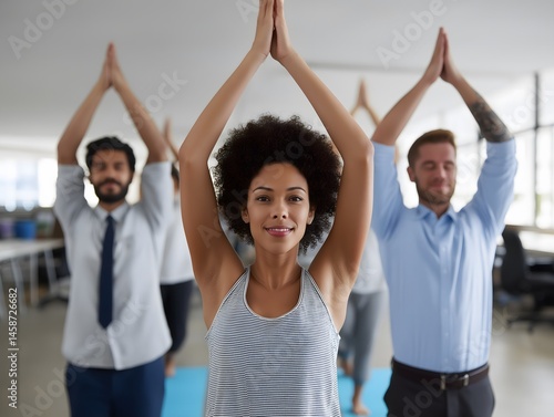 Diversity in exercise & wellness, yoga: Diverse office team doing lunchtime yoga in corporate space, workplace wellness and stress relief.