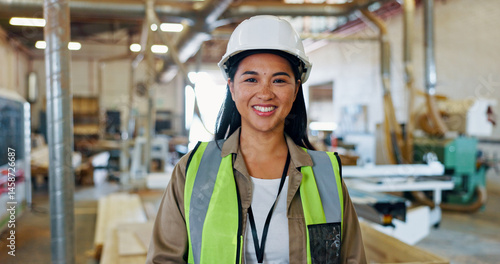 Quadro su tela Portrait, woodwork and contractor with woman in factory for furniture, manufacturing and carpenter