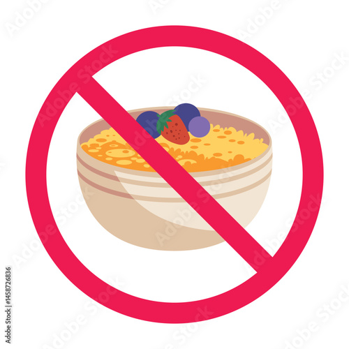 Forbidden sign with porridge icon, no porridge sign, oatmeal prohibition sign, flat icon design vector illustration
