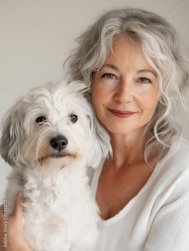 Portrait of a middle-aged woman with grey hair. she is wearing a white blouse and is smiling at the camera. the woman is holding a small white dog in her arms. Portrait of a middle-aged woman with grey hair. she is wearing a white blouse and is smiling at the camera. the woman is holding a small white dog in her arms.