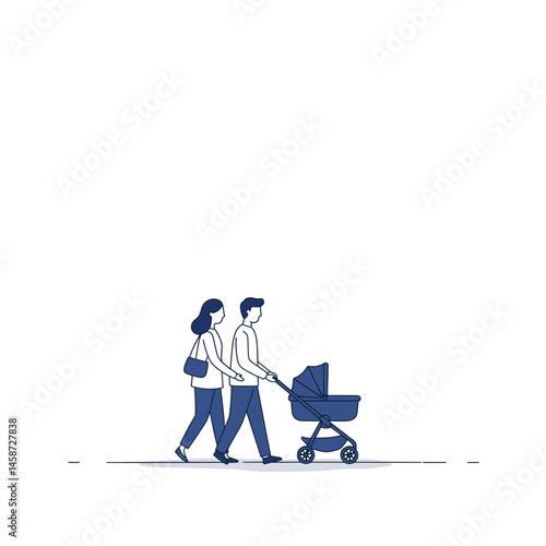 Parents Pushing Baby Stroller Line Art Illustration