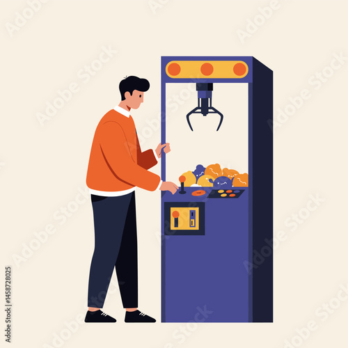 Man Playing Claw Crane Arcade Game Illustration