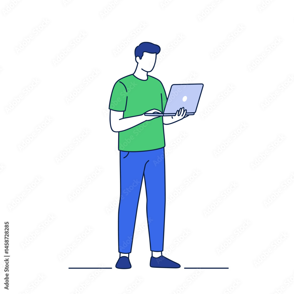 Man Working on Laptop: A stylized illustration of a man standing and working on his laptop. The illustration uses a minimalist color palette. Man Working on Laptop: A stylized illustration of a man standing and working on his laptop. The illustration uses a minimalist color palette.