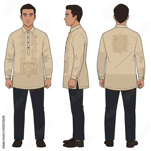 Man in Embroidered Barong Tagalog Character Sheet Illustration