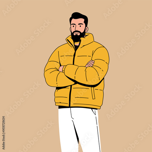 Man with Beard in Yellow Puffer Jacket Arms Crossed Illustration