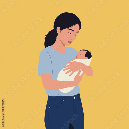 Mother Holding Swaddled Baby Lovingly Illustration
