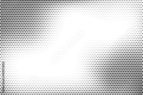 Hexagonal halftone pattern. Honeycomb fade vector shadow on white background. Abstract textured geometric gradient. Hex dynamic shapes. Simple grid dynamic gradation of cells