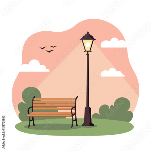 Park Bench and Lamppost at Sunset Illustration